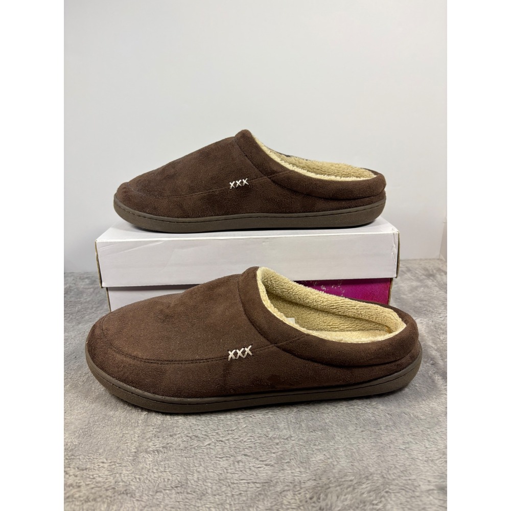 Newdenber Mens Moccasin Slippers Brown Faux Suede Fleece Lined House Shoes 10.5D